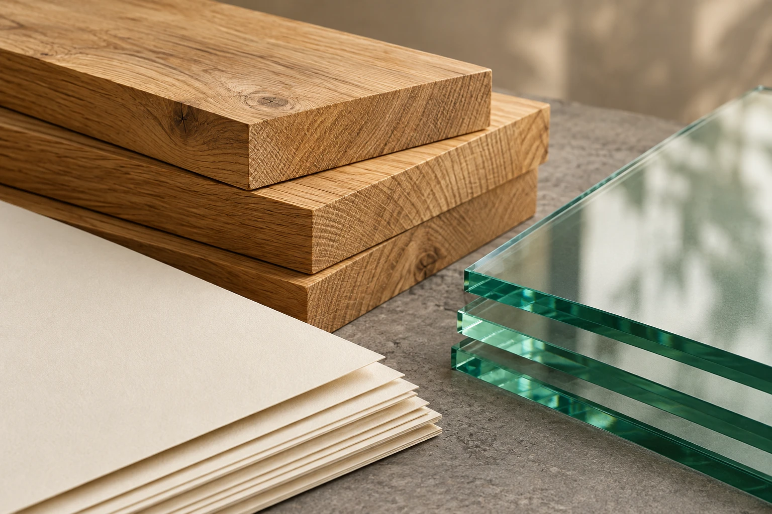 Tablas de madera, papel y paneles de vidrio