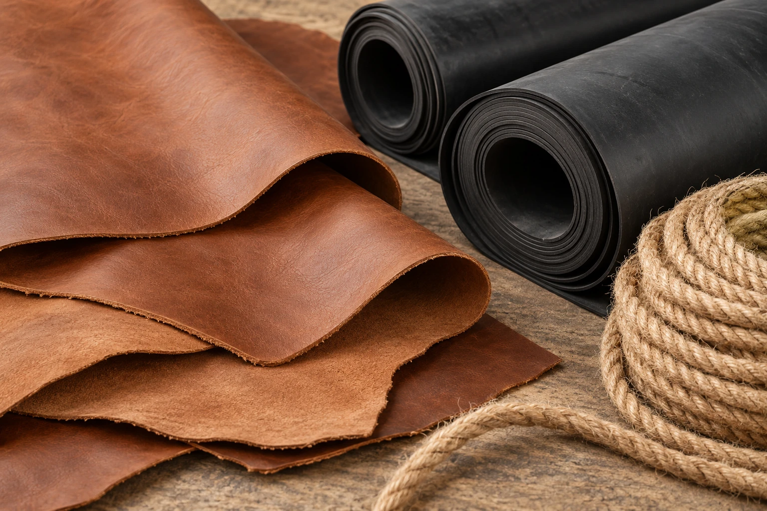 Piel café, rollos de hule negro y cuerda natural