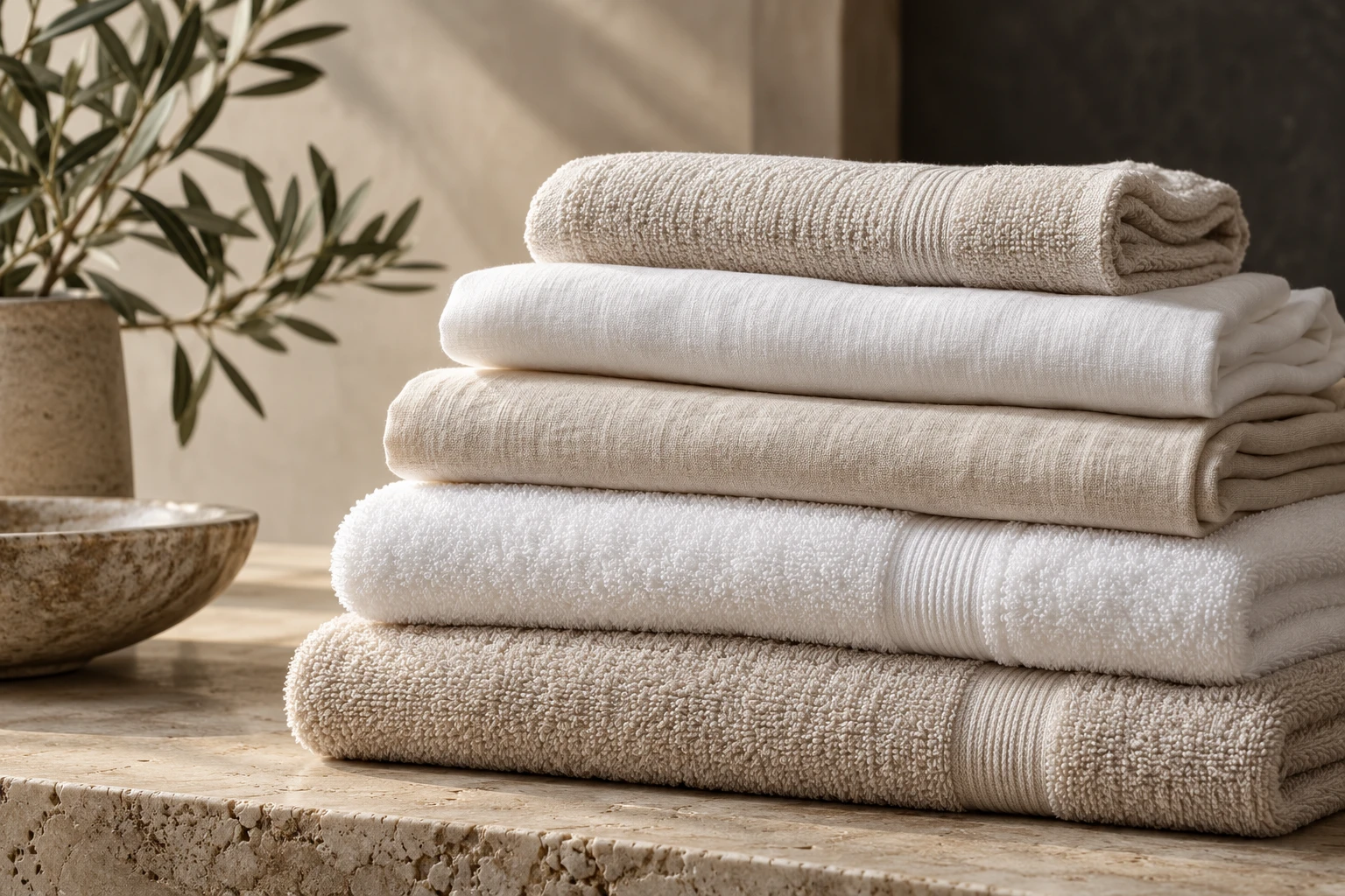 Textiles y toallas blancas dobladas